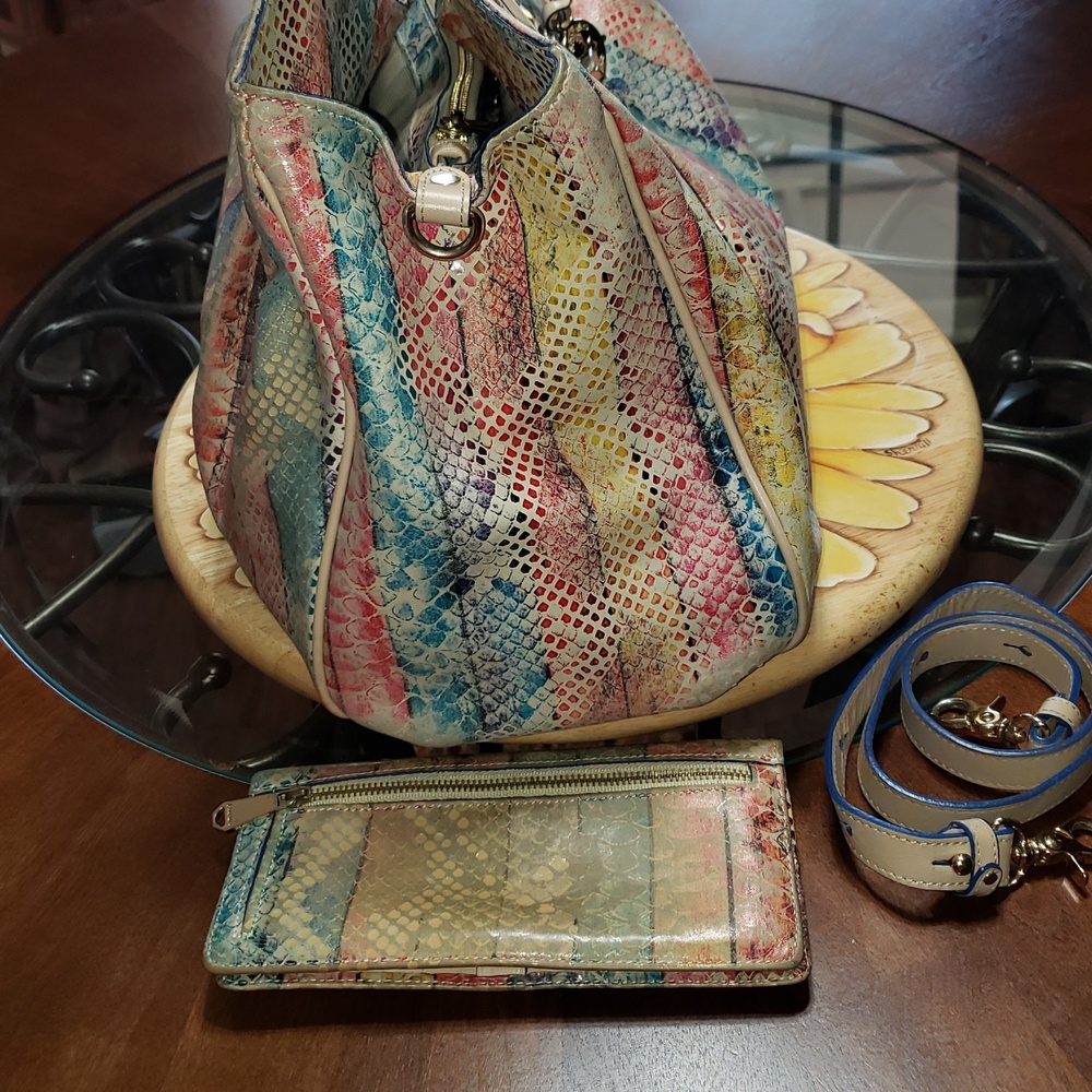 💘2PC BRAHMIN ELISA DOVE CORONADO CROC-EMBOSSED PLEATED LEATHER BAG-WALLET SET - Picture 7 of 14